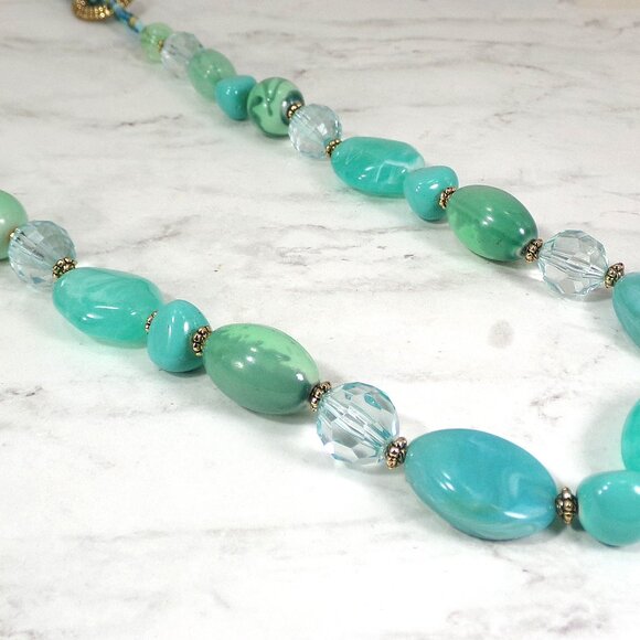 Long turquoise color bead necklace with acrylic, seed beads, and silver beads - Picture 5 of 10